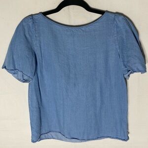 Massimo Dutti Light Blue Chambray Short Flutter Sleeve Top Deep V Back Blouse 6